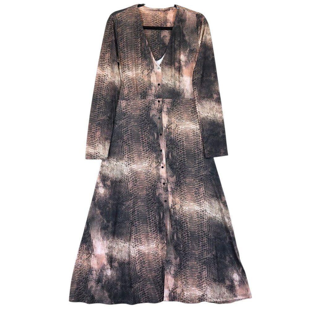 Zara Dress Womens Small Brown Snake Print Long Sleeve Button Front Maxi V Neck